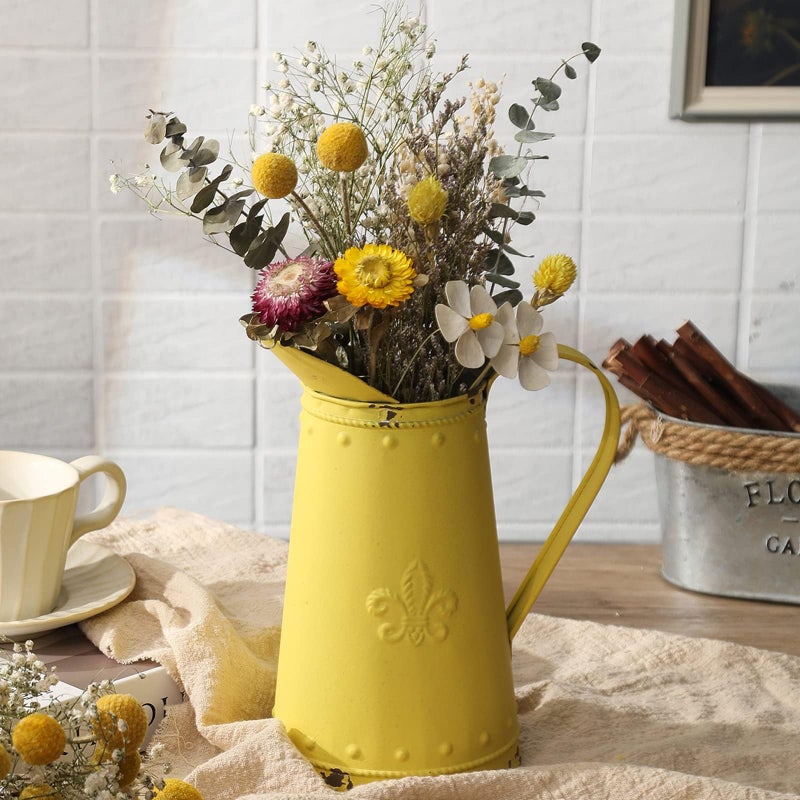 APSOONSELL French Style Shabby Chic Vase Metal Flower Vase Vintage Jug Rustic Farmhouse Decor for Home, Yellow - Image 1